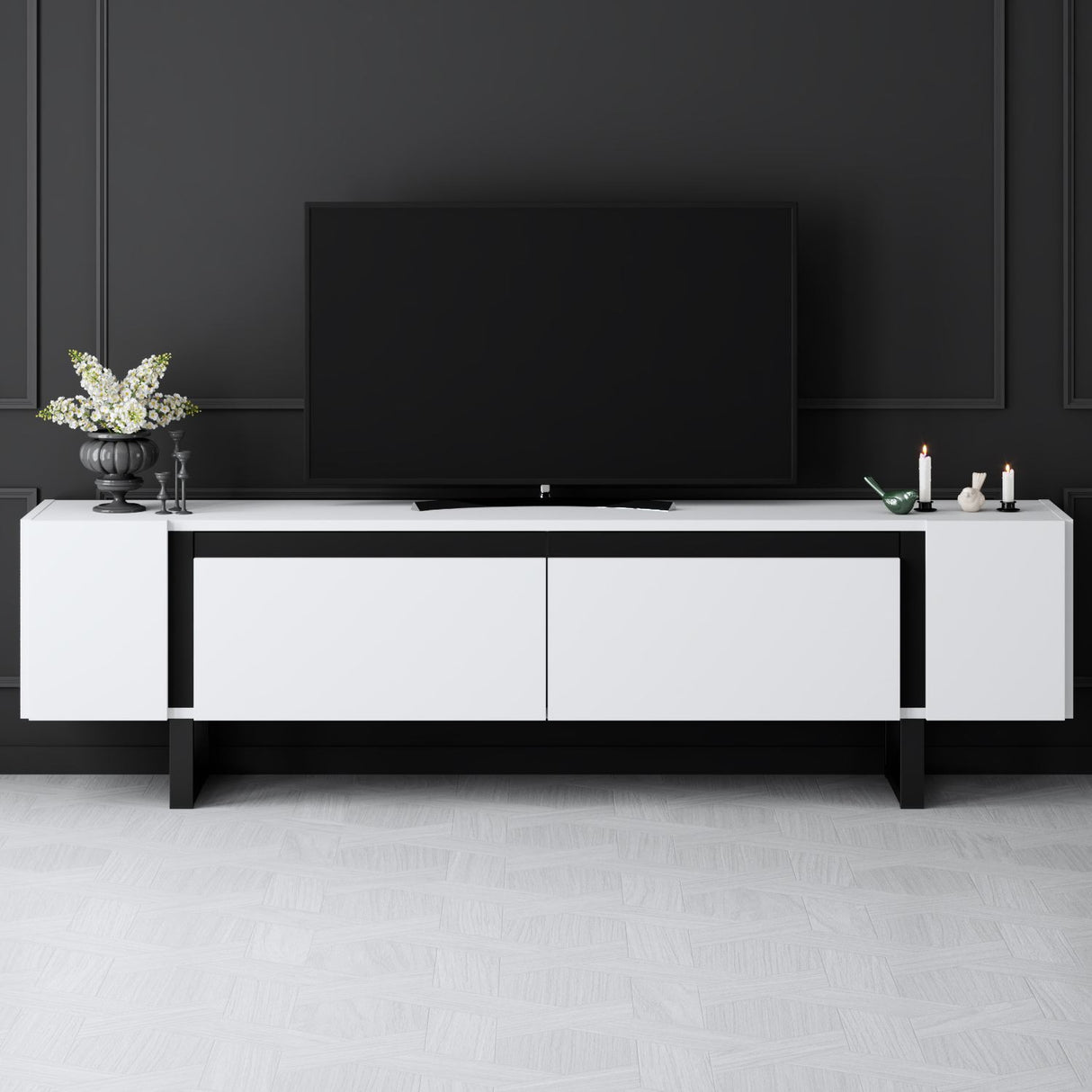 TV-Schrank Weiß Yildiz 180x50x30 - Schwarzer Rahmen