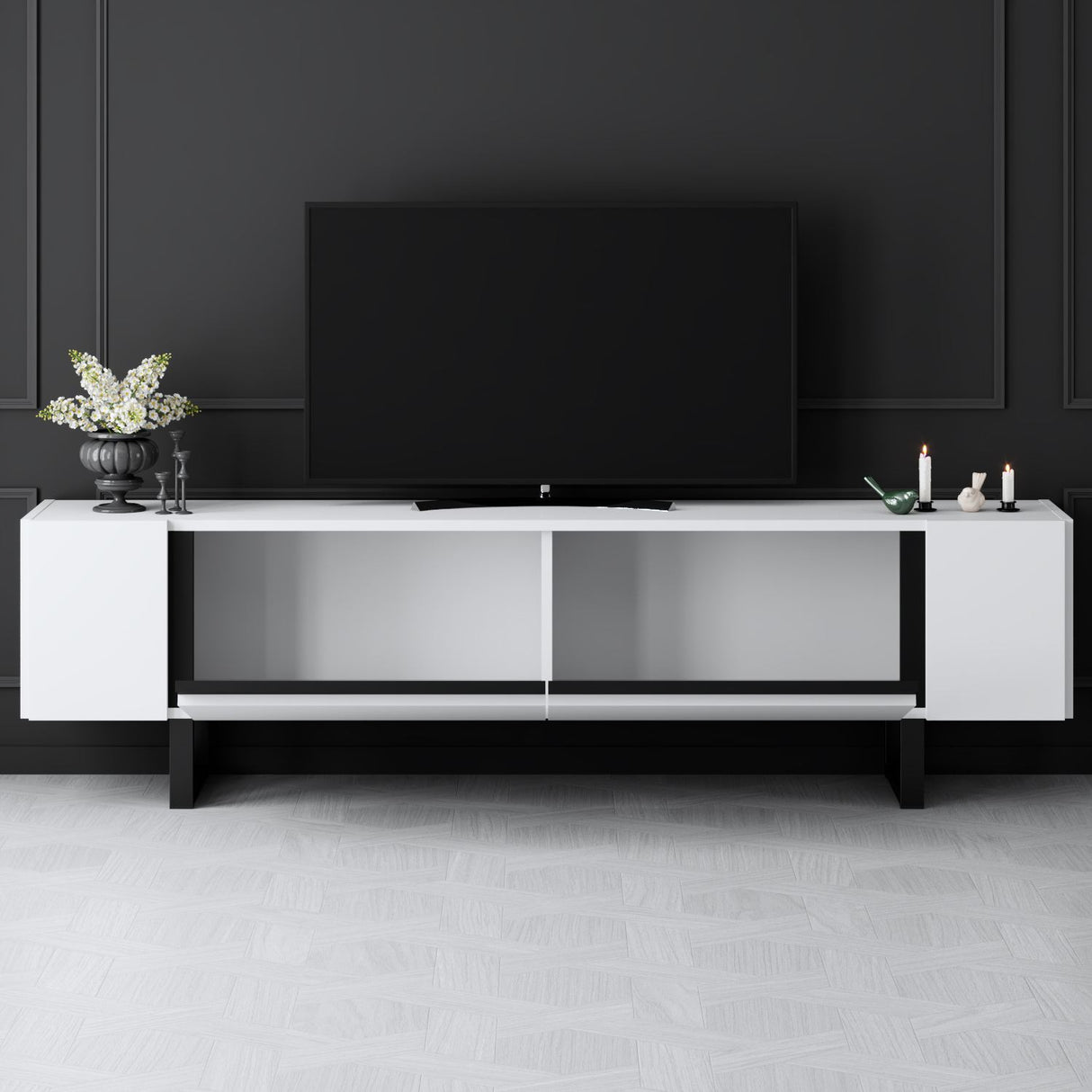 TV-Schrank Weiß Yildiz 180x50x30 - Schwarzer Rahmen