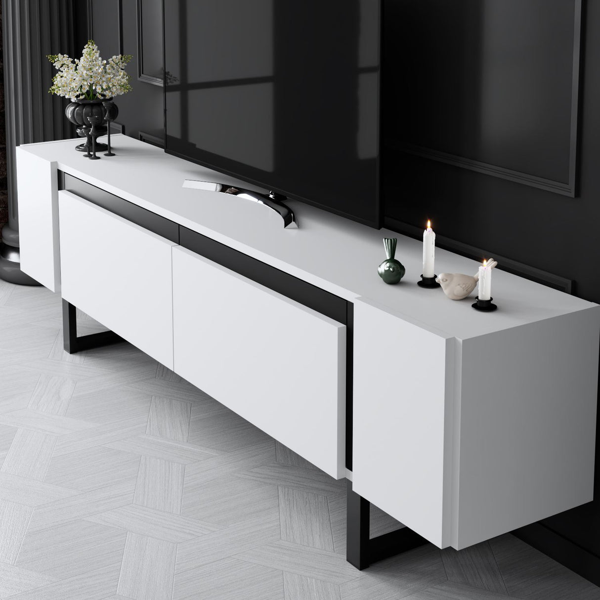 TV-Schrank Weiß Yildiz 180x50x30 - Schwarzer Rahmen