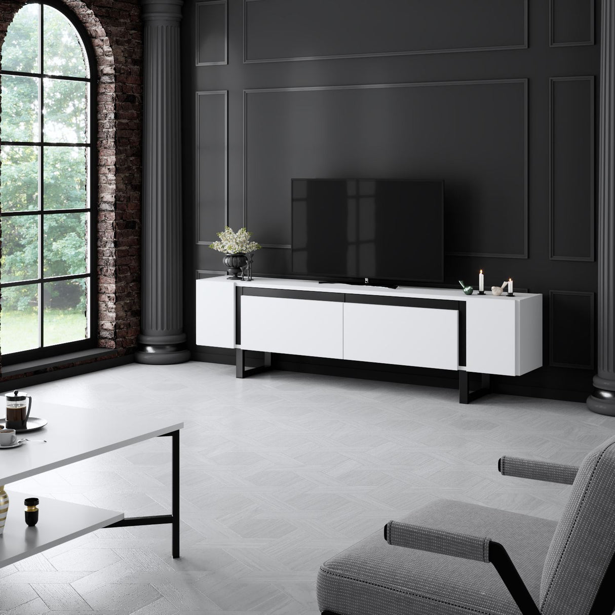 TV-Schrank Weiß Yildiz 180x50x30 - Schwarzer Rahmen