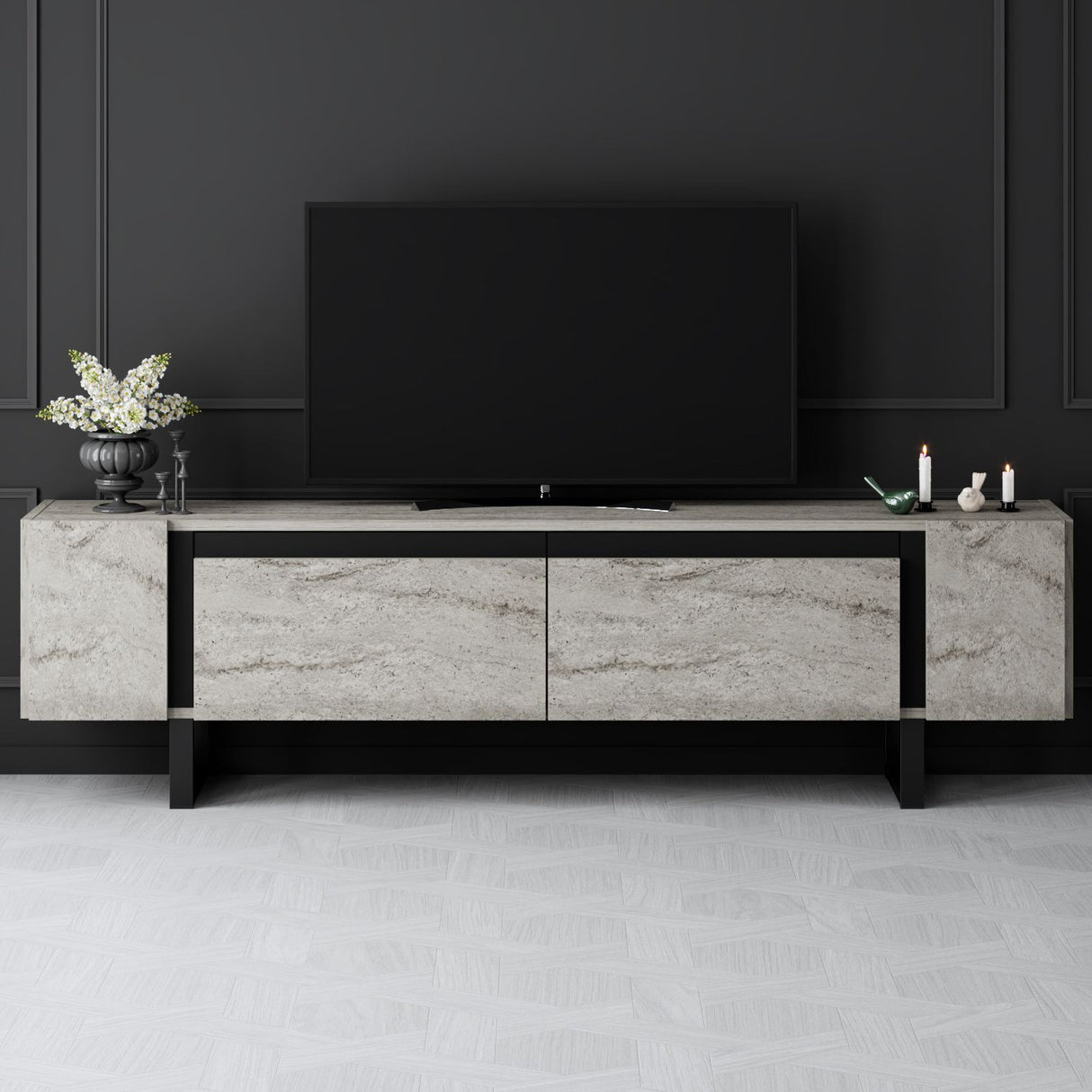 TV-Möbel Travertin Yildiz 180x50x30 - Schwarzer Rahmen