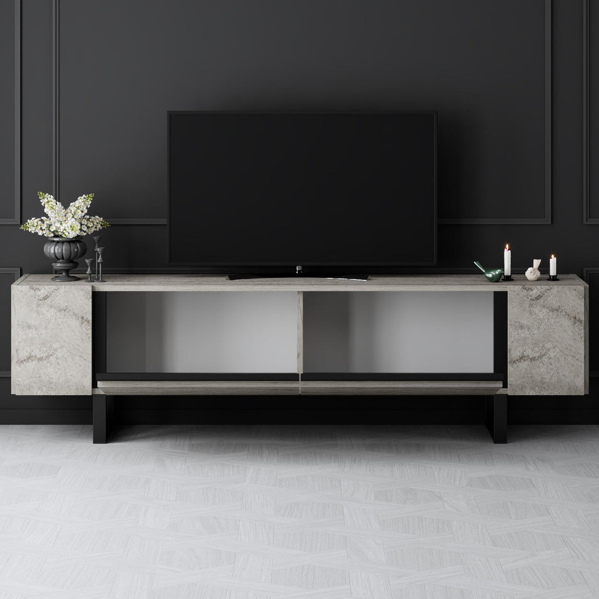 TV-Möbel Travertin Yildiz 180x50x30 - Schwarzer Rahmen