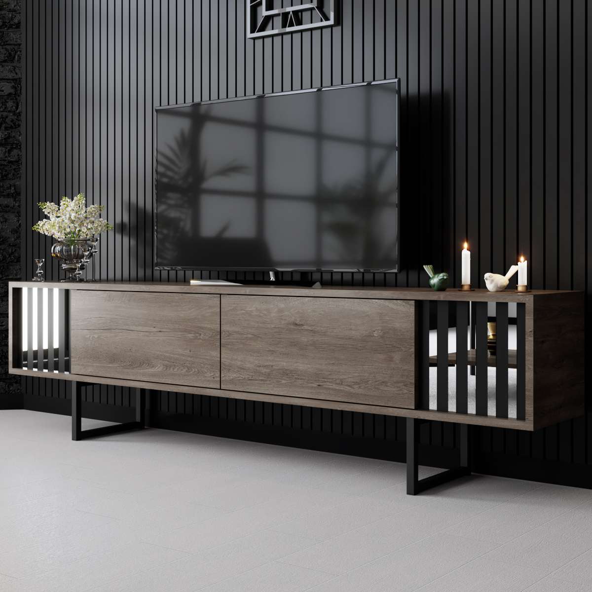 TV-Schrank Walnuss Chrome Line 180x48x30 - Schwarzer Rahmen