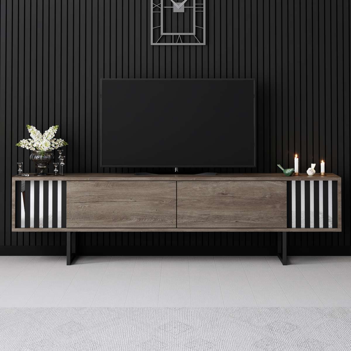 TV-Schrank Walnuss Chrome Line 180x48x30 - Schwarzer Rahmen