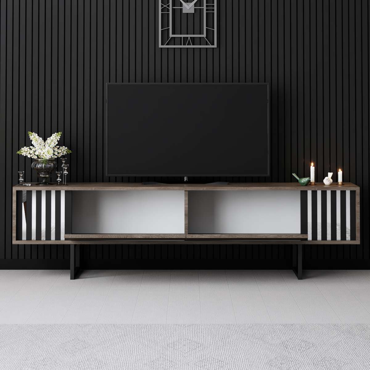 TV-Schrank Walnuss Chrome Line 180x48x30 - Schwarzer Rahmen