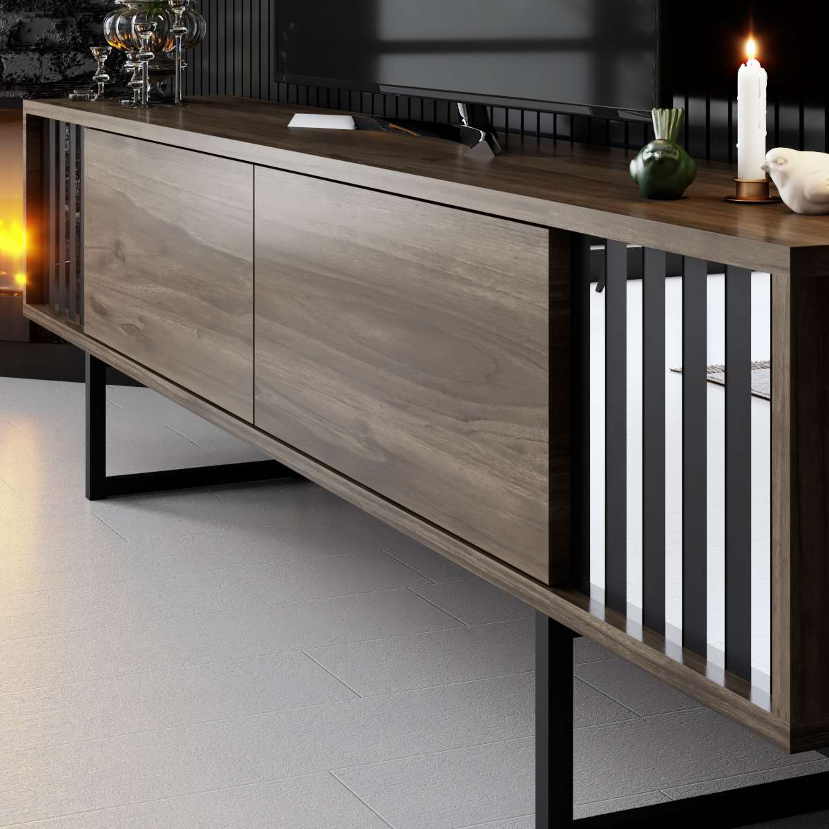 TV-Schrank Walnuss Chrome Line 180x48x30 - Schwarzer Rahmen