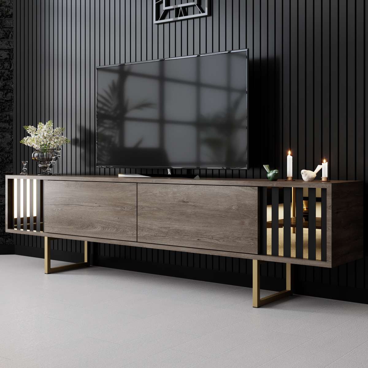 TV-Schrank Walnuss Gold Line 180x48x30 - Goldener Rahmen