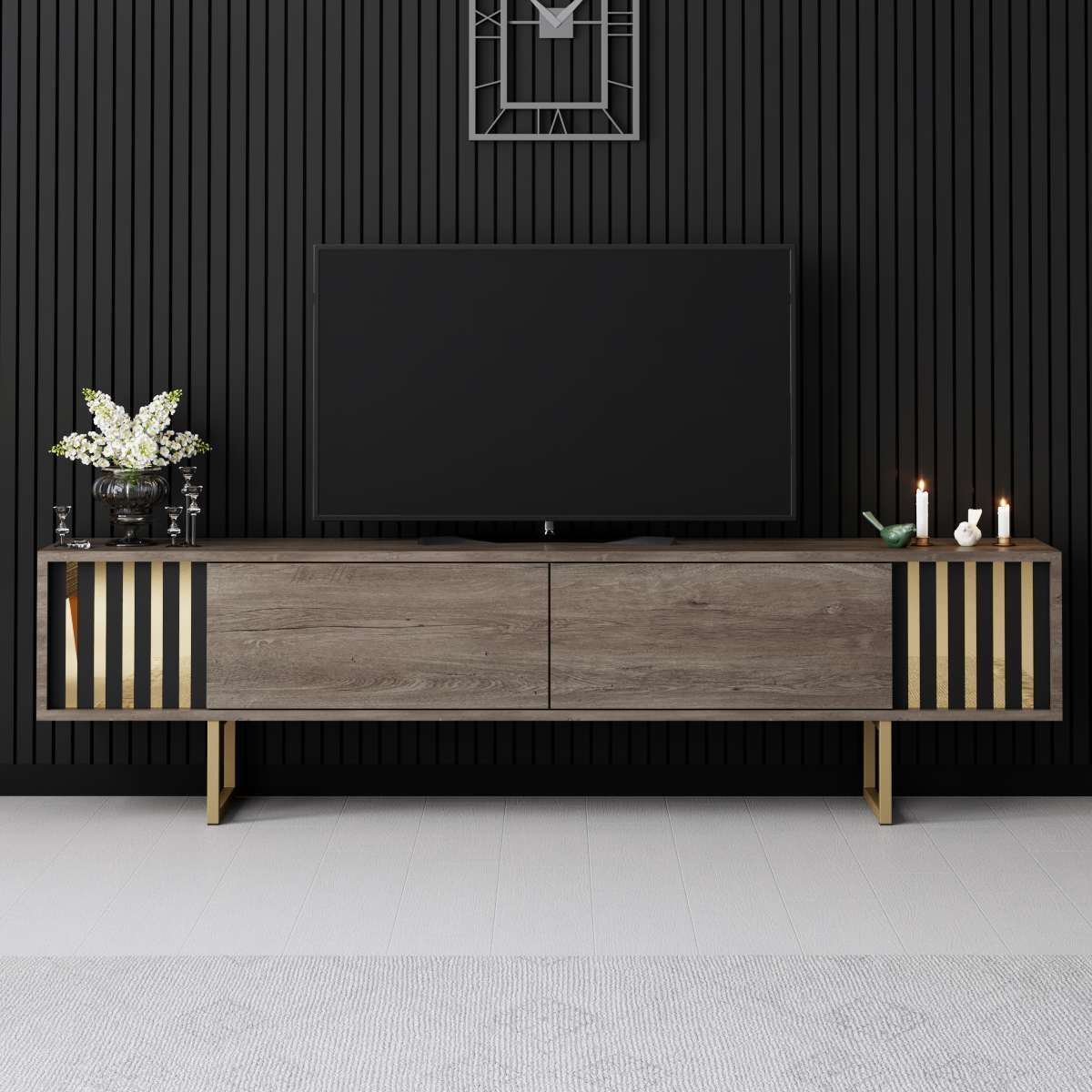 TV-Schrank Walnuss Gold Line 180x48x30 - Goldener Rahmen