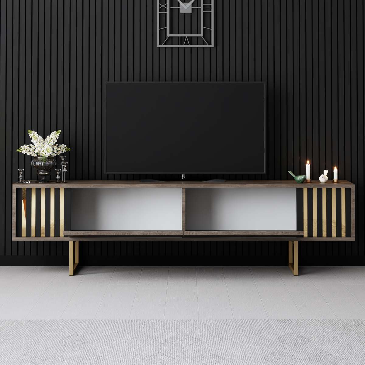 TV-Schrank Walnuss Gold Line 180x48x30 - Goldener Rahmen