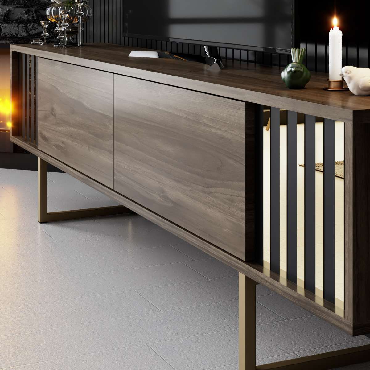 TV-Schrank Walnuss Gold Line 180x48x30 - Goldener Rahmen