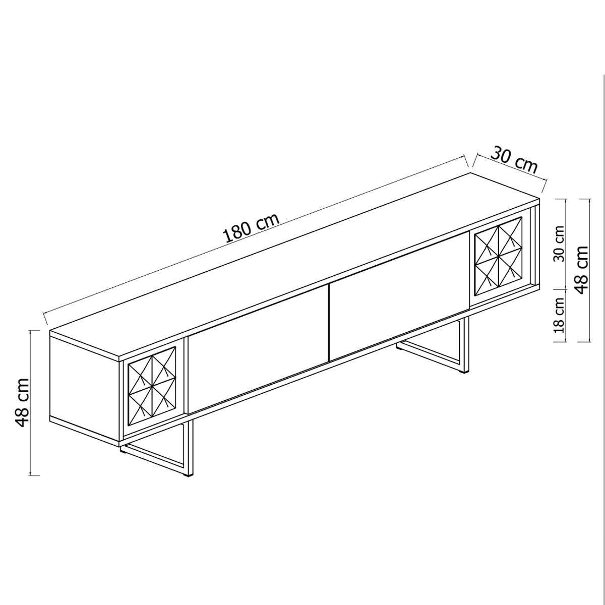 TV-Schrank Walnuss Gold Line 180x48x30 - Goldener Rahmen