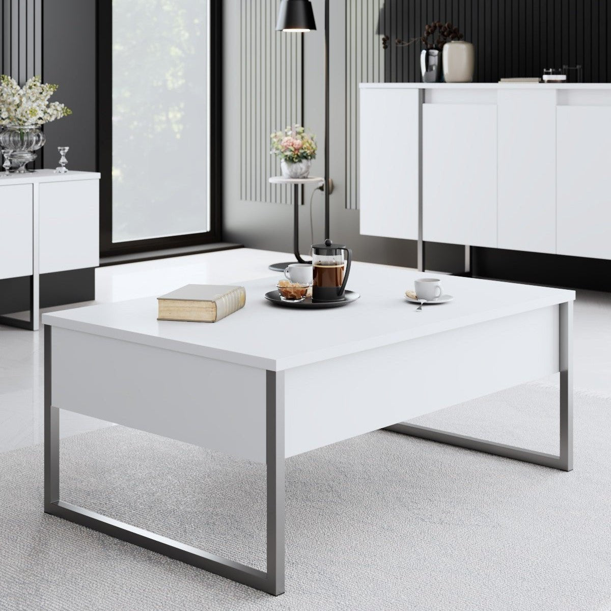 Rechteckiger Couchtisch Weiß Luxus 90x60 - Silbernes Gestell