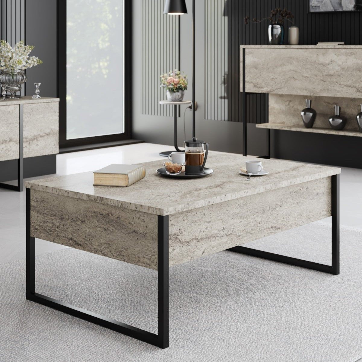 Rechteckiger Couchtisch Travertin Luxury 90x60 - Schwarzer Rahmen