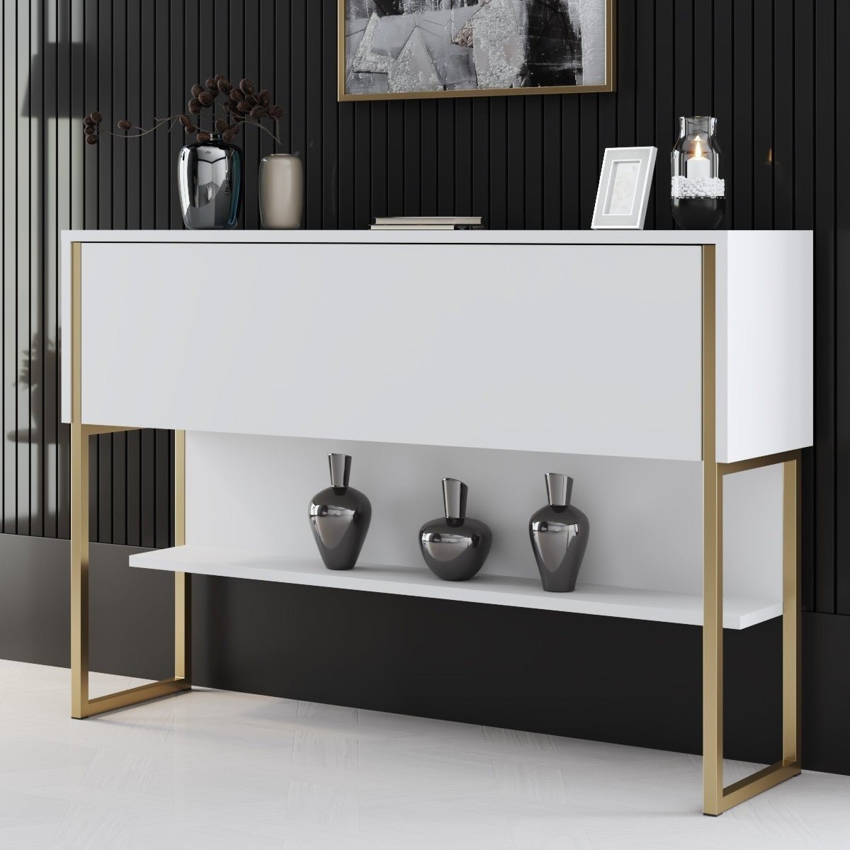 Modernes Sideboard Weiß Luxus 120x80x30 - Goldrahmen - Ein Fach