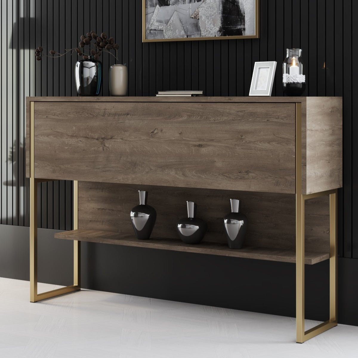 Modernes Sideboard Walnuss Luxus 120x80x30 - Goldrahmen - Ein Fach