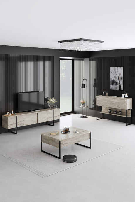 Modernes Travertin Luxus Sideboard 120x80x35 - Schwarzes Gestell - Ein Fach