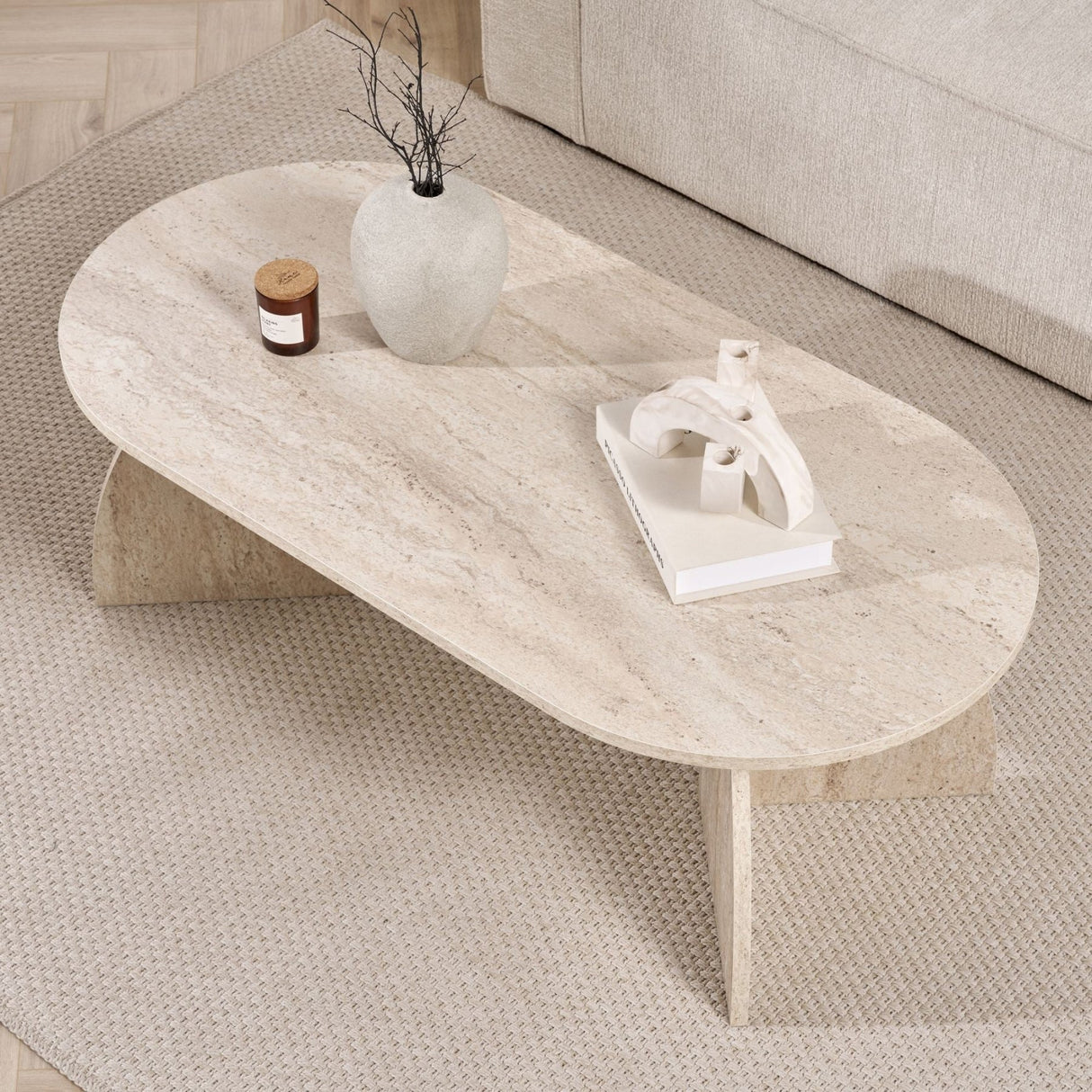Melina Couchtisch Travertin oval 120 cm Mit melaminbeschichtetem Holzverbund