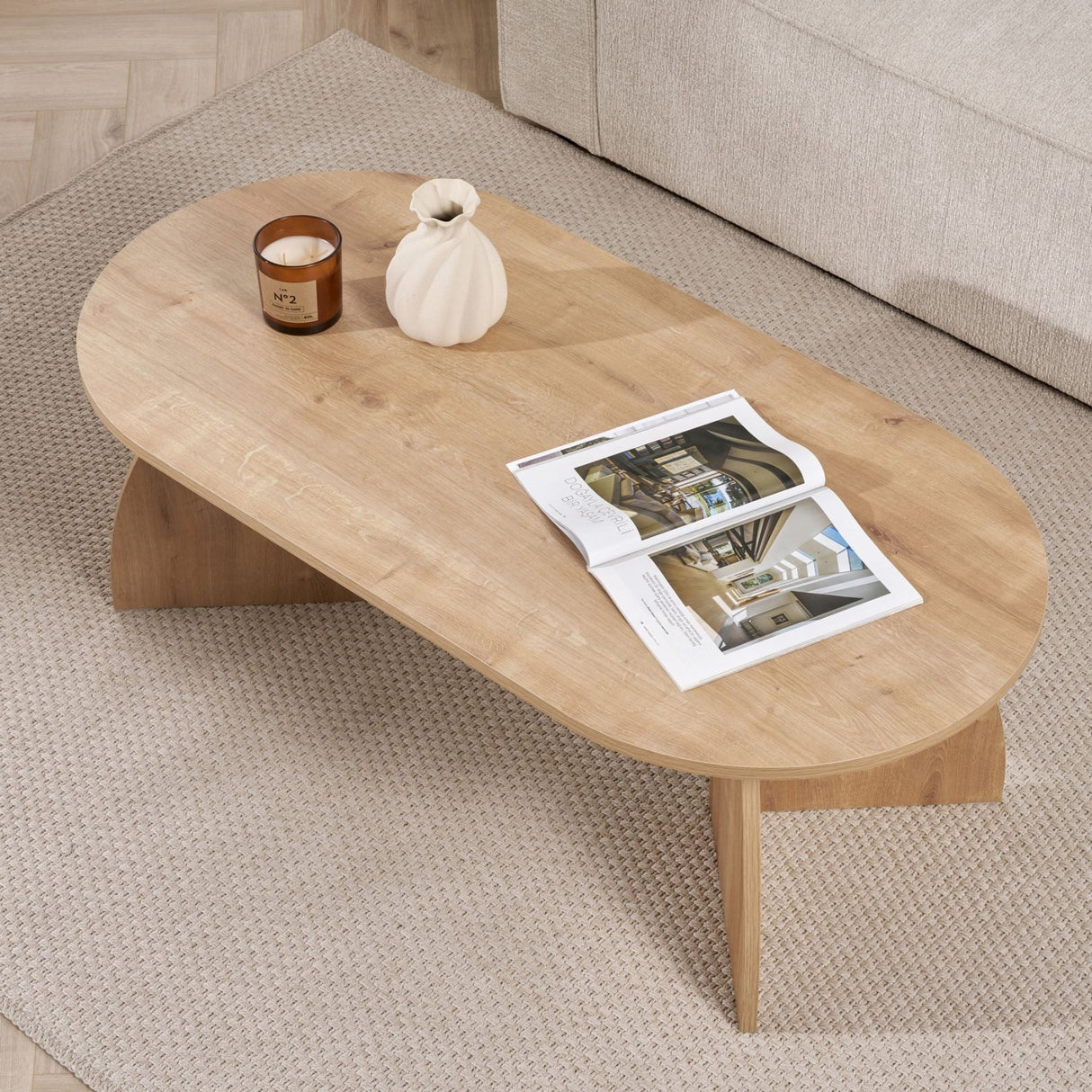 Melina Couchtisch oval in Saphir-Eiche-Optik Melaminbeschichtetes Holz