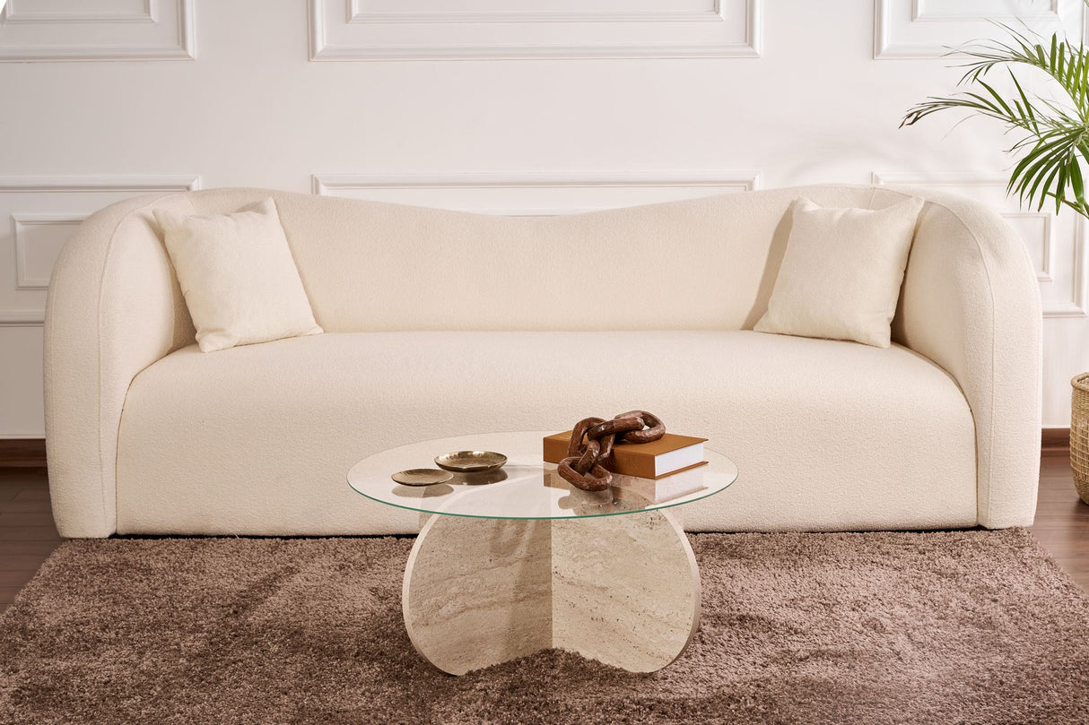 Couchtisch Aris Rund 75 cm Glas - Travertin Untergestell