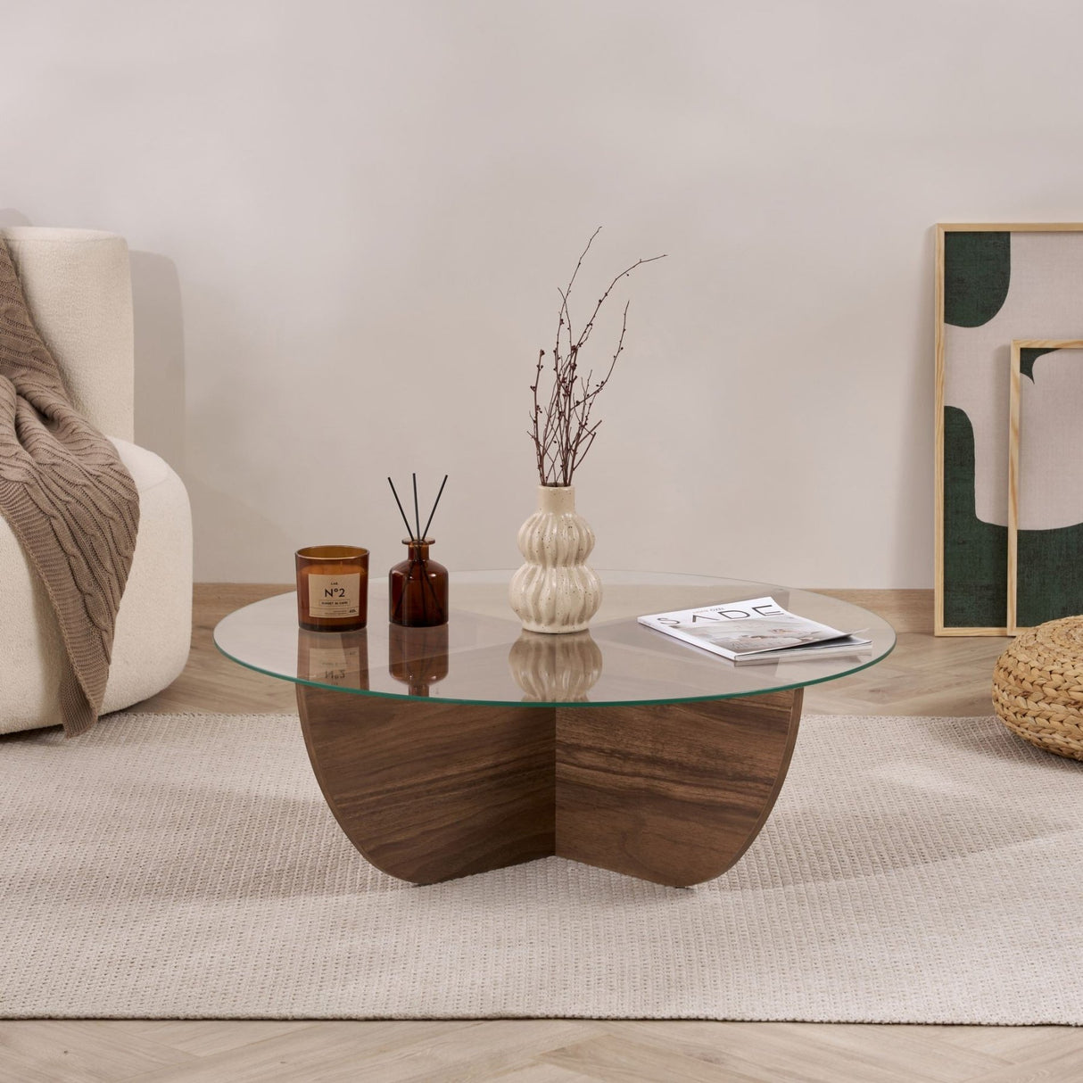 Liya Couchtisch Walnuss oval 90 cm Gehärtetes Glas