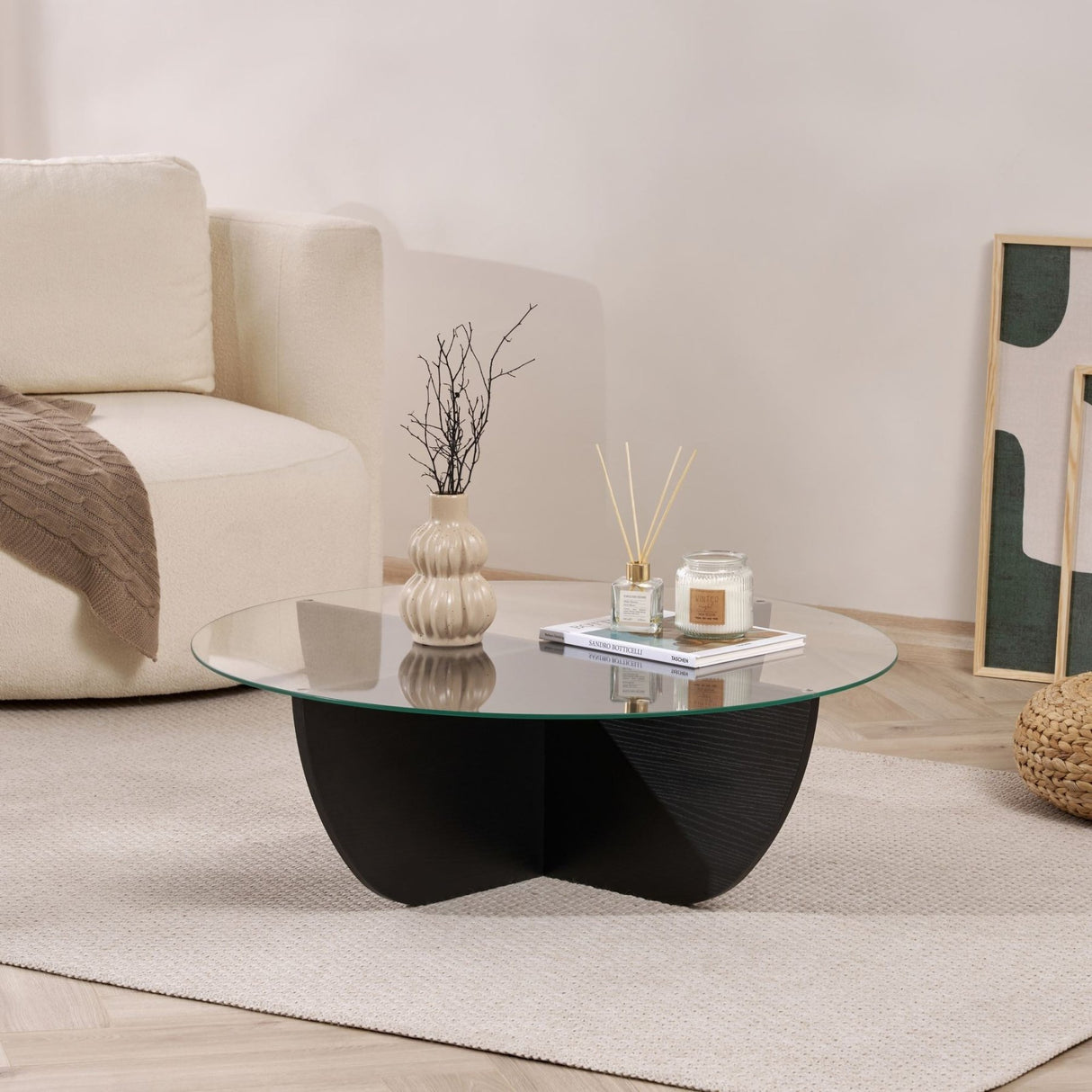 Liya Couchtisch oval schwarz Holzoptik 90 cm gehärtetes Glas