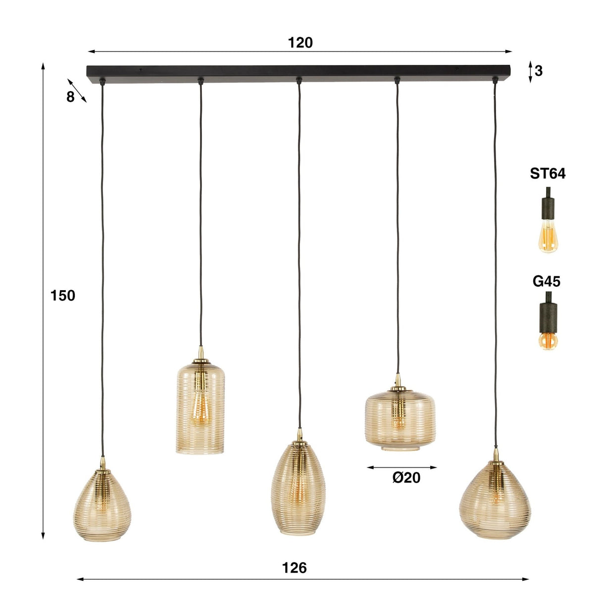 Hängelampe Axis 5-flammig Rauchglas braun horizontal