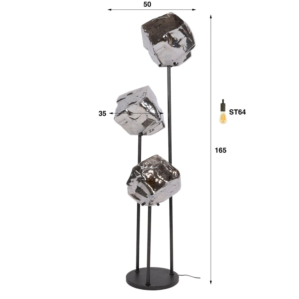 Stehlampe 3-flammige Rocks-Stufenleuchte aus verchromtem Glas