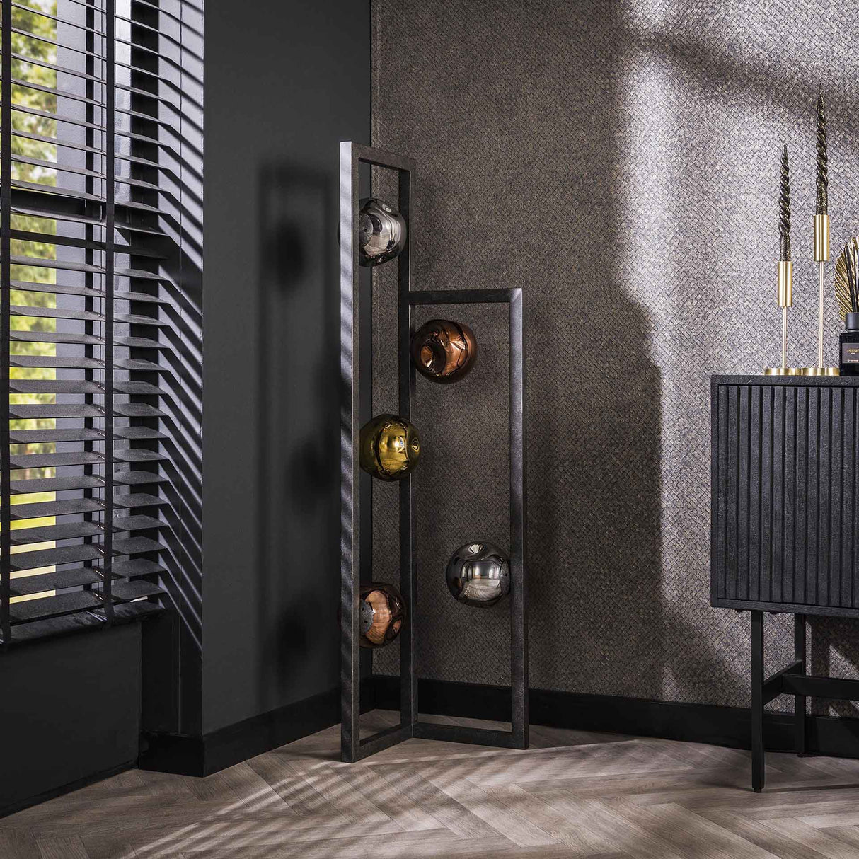 Industrielle Stehlampe Ada 5-flammig Buntglas Ecke