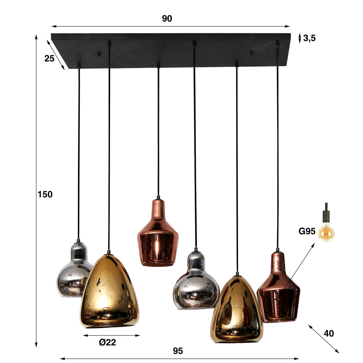 Industrielle Hanglampe Pam Colored Glas gemischt 6 Leichter
