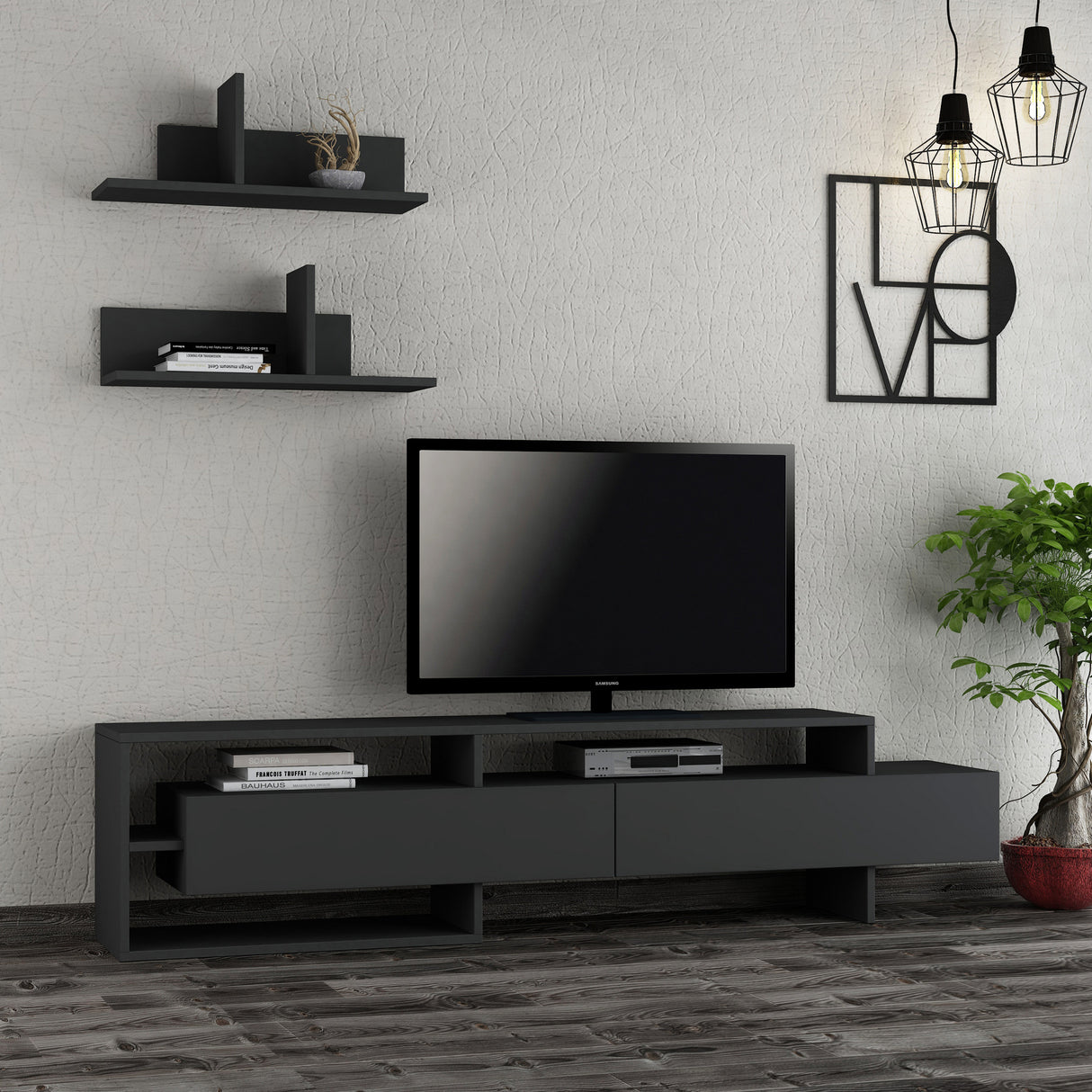 TV -Möbel Set Gara Anthrazit Melamin 180x42x32 cm