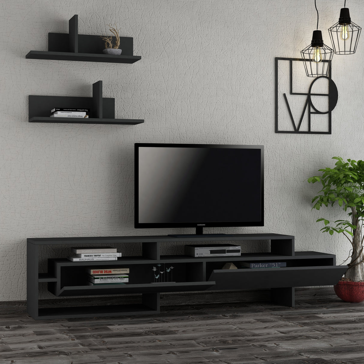 TV -Möbel Set Gara Anthrazit Melamin 180x42x32 cm