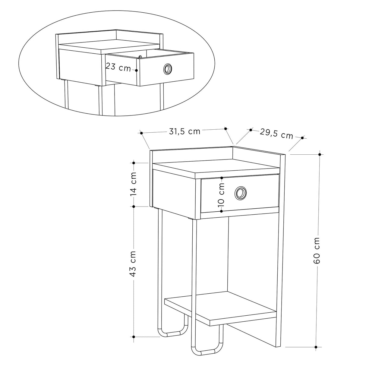Nachtkastjes - Nachtkastje Eik Melamine - Met lade - Rechts - 32x61x30 cm - Sirius - Dimehouse
