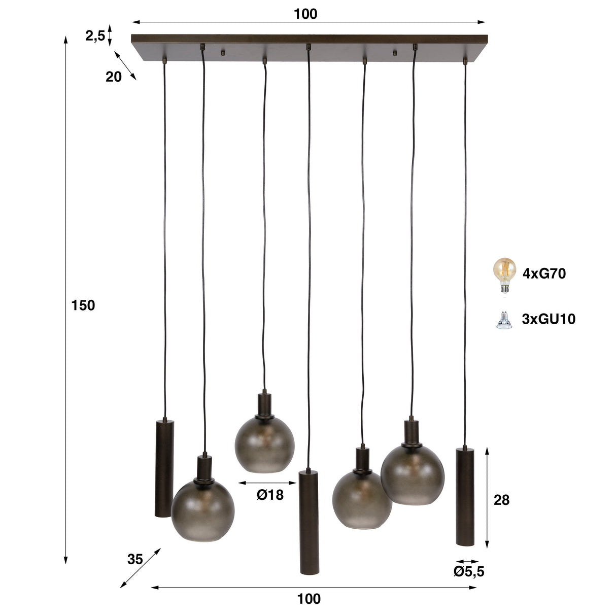 Hängelampe Orion 7-flammig – Schwarzes Metall – 110 cm