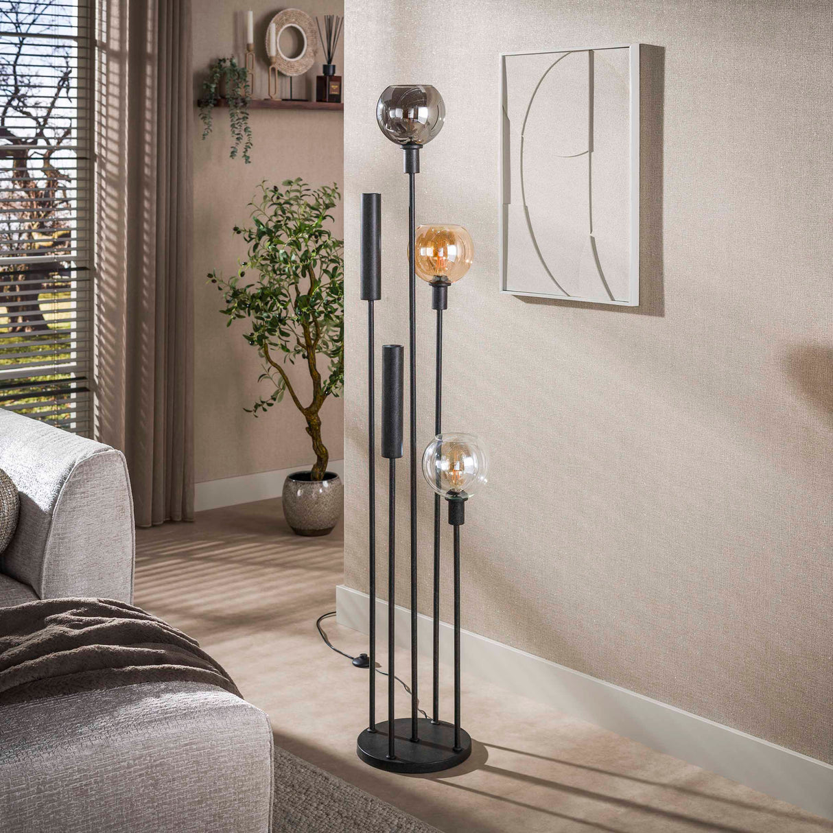 Vloerlamp 5-lichts getrapt gekleurd glas zwart metaal Valeo