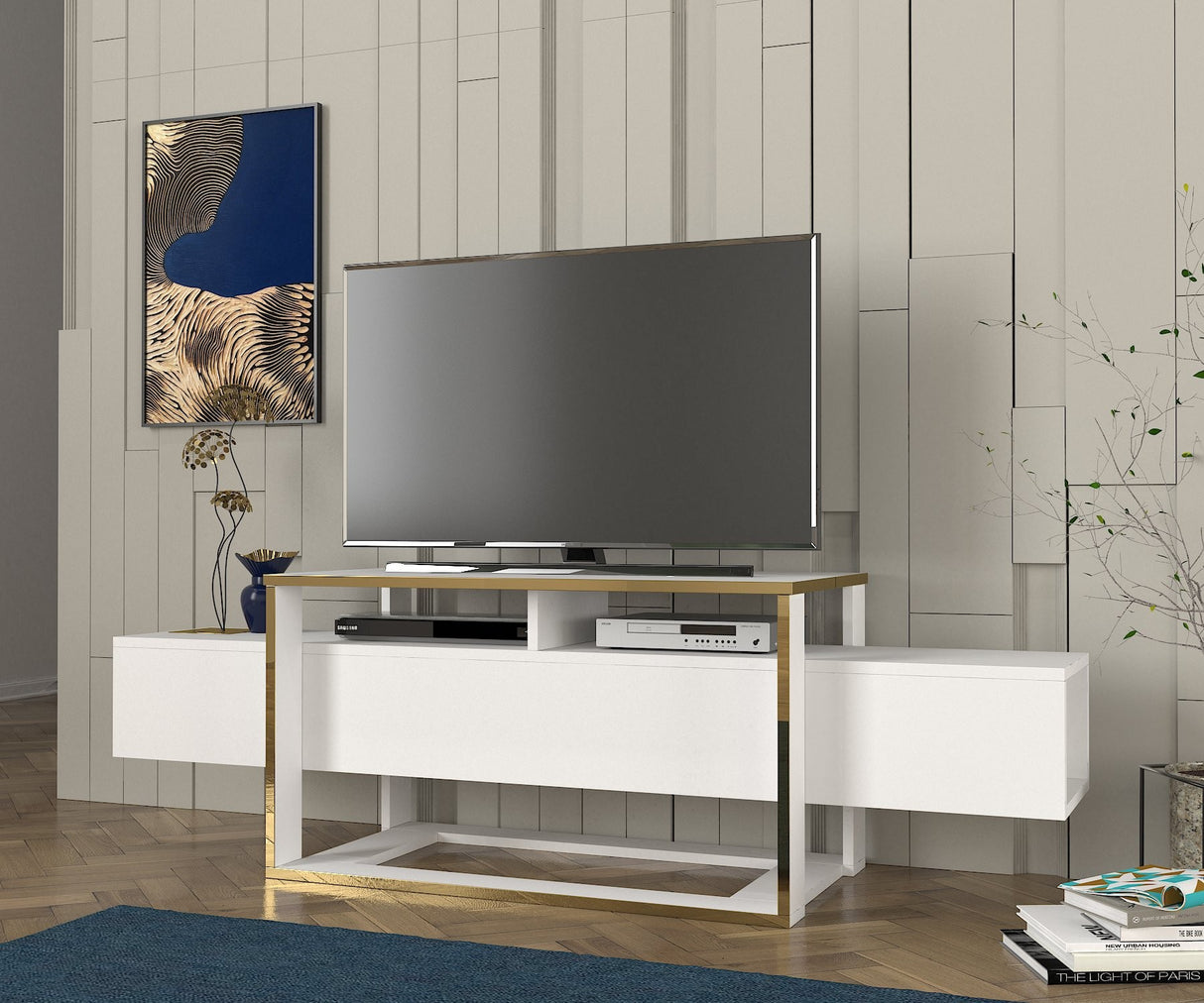 TV -Möbel Bianco White Gold Melamin 160x49.8x46.1 cm