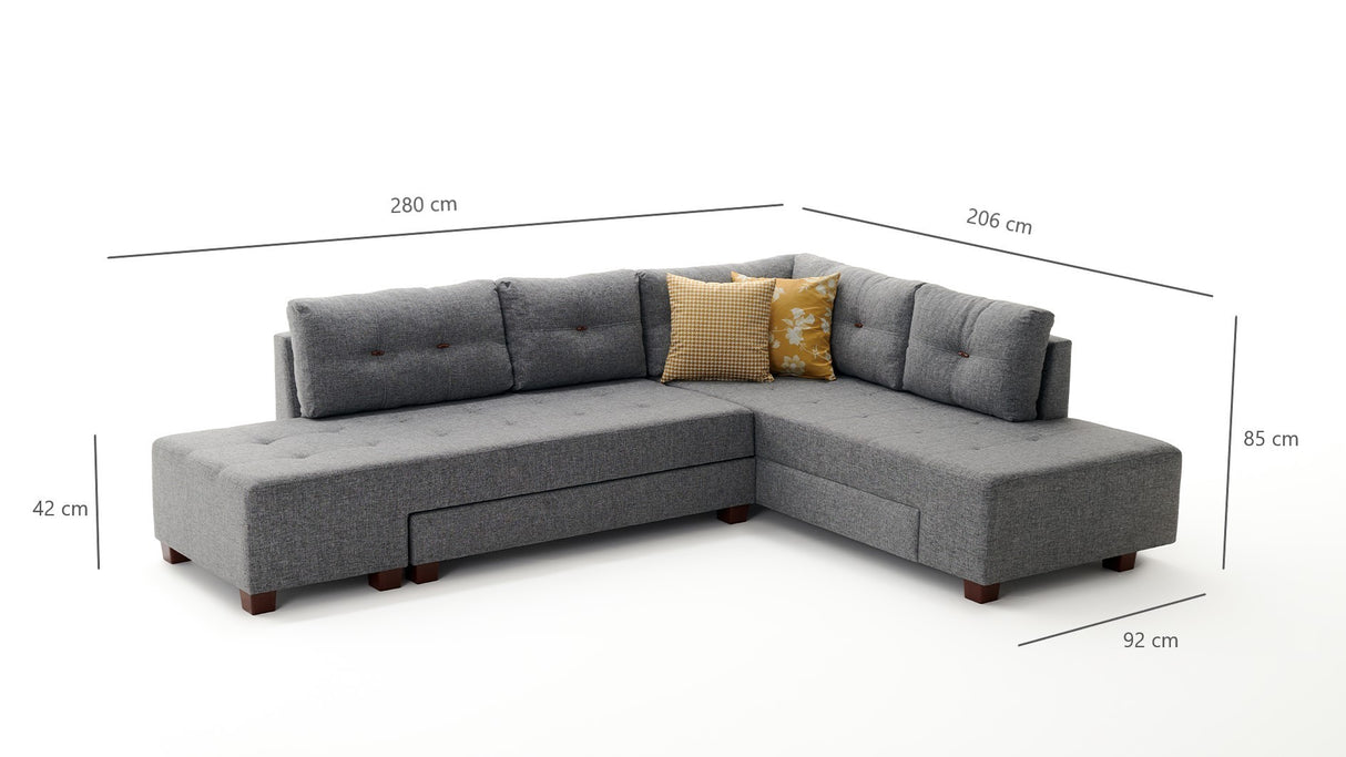 Schlafsofa grauer Stoff – XL 280 × 206 cm – mit Rollen – Rechts – Manama