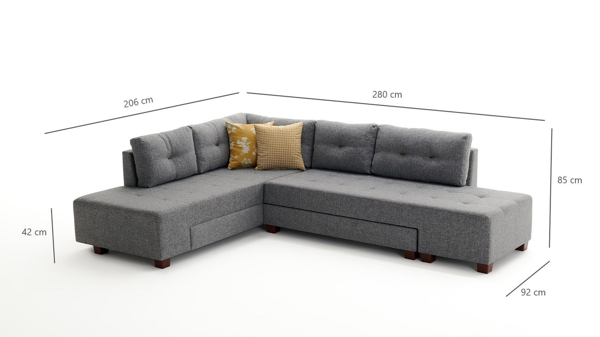 Schlafsofa grauer Stoff – XL 280 × 206 cm – mit Rollen – Links – Manama