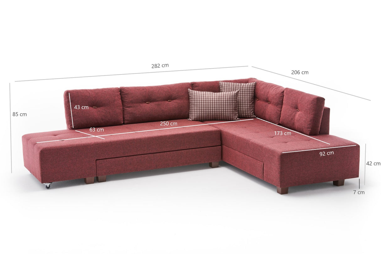 Schlafsofa roter Stoff – XL 280 × 206 cm – mit Rollen – Rechts – Manama