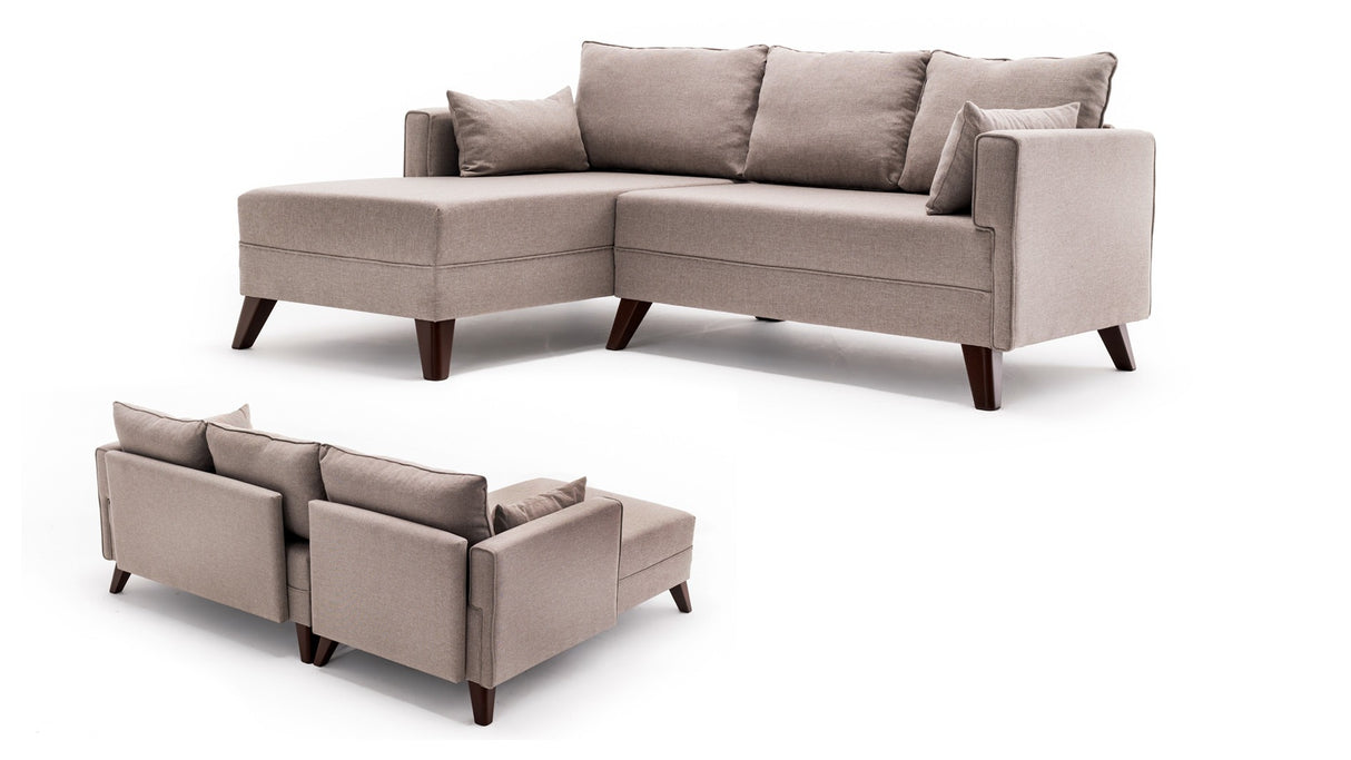 Schlafsofa aus champagnerfarbenem Stoff - 2-Sitzer - inklusive Hocker - linksseitig - Bella