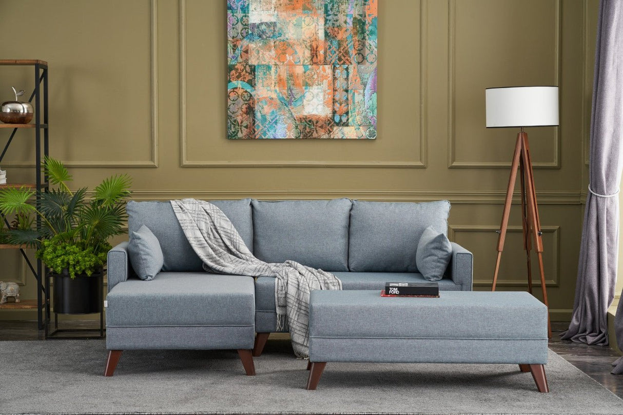 Ecksofa mit Schlaffunktion Links Bella Blau (inklusive Hocker)