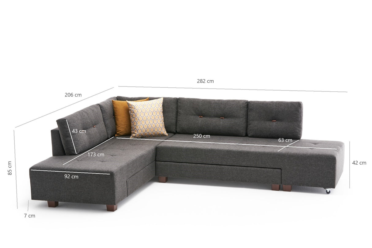Schlafsofa anthrazitfarbener Stoff – XL 280 × 206 cm – mit Rollen – Links – Manama
