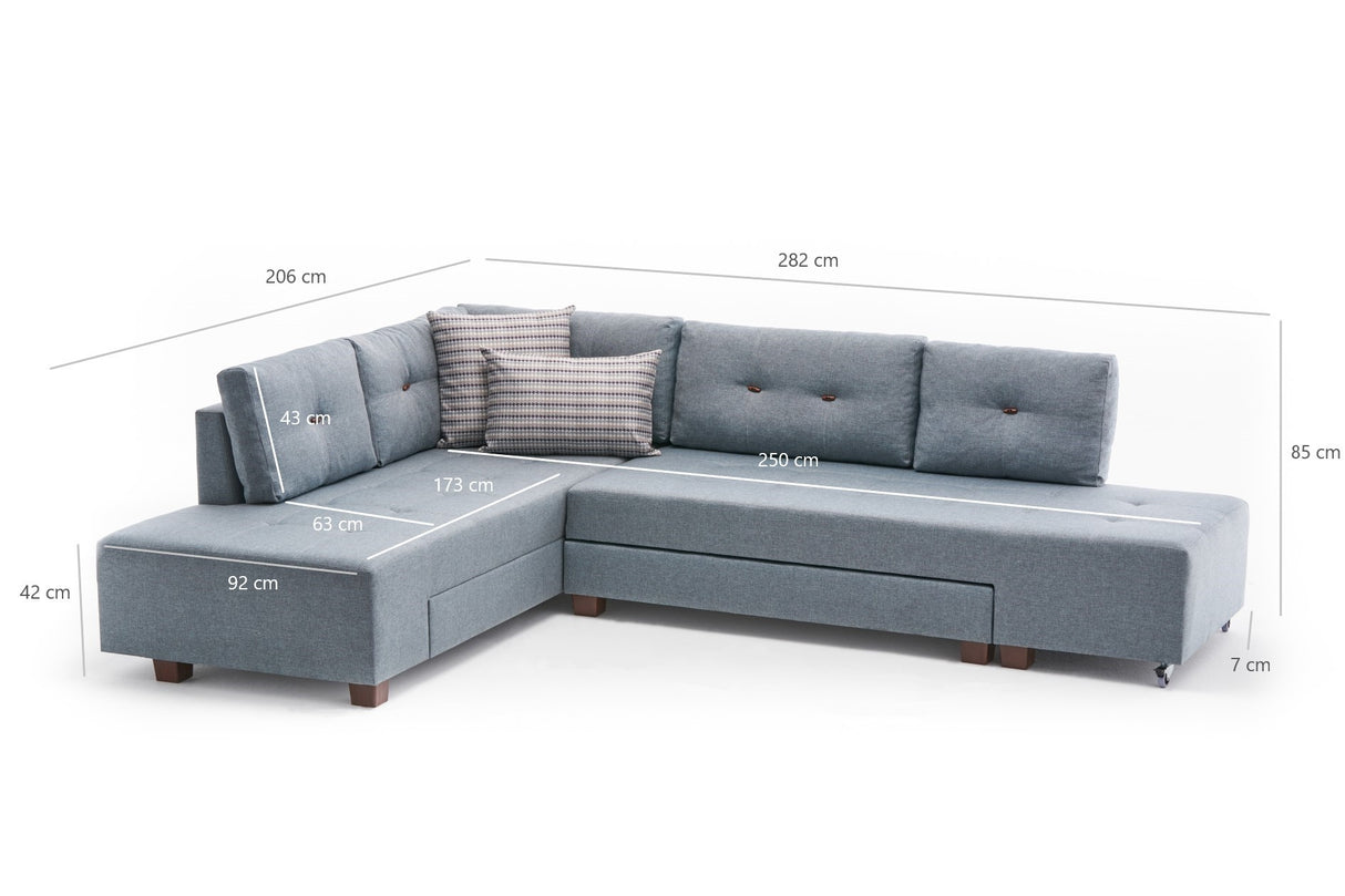 Schlafsofa hellblauer Stoff – XL 280 × 206 cm – mit Rollen – Links – Manama