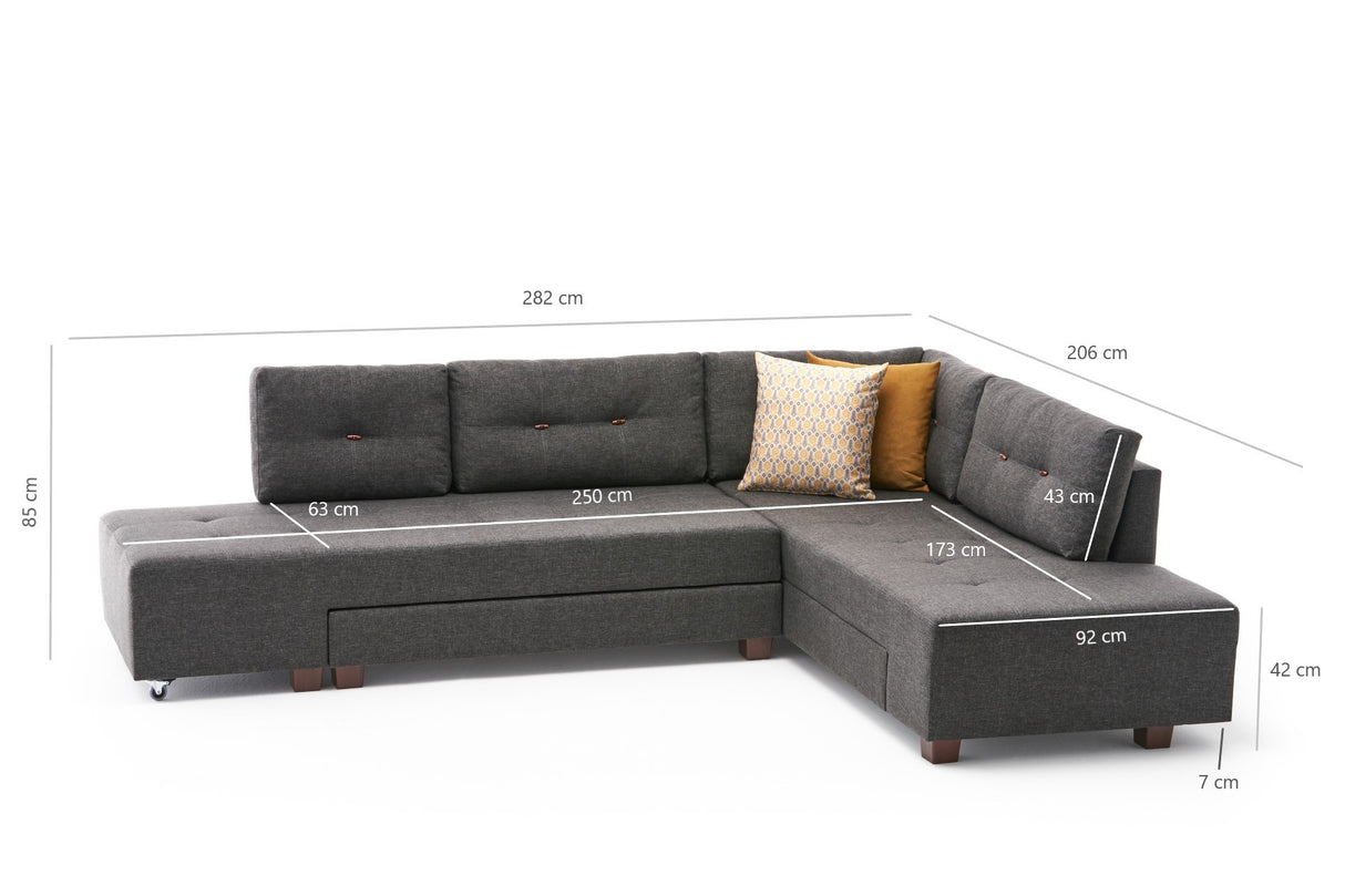 Schlafsofa anthrazitfarbener Stoff – XL 280 × 206 cm – mit Rollen – Rechts – Manama