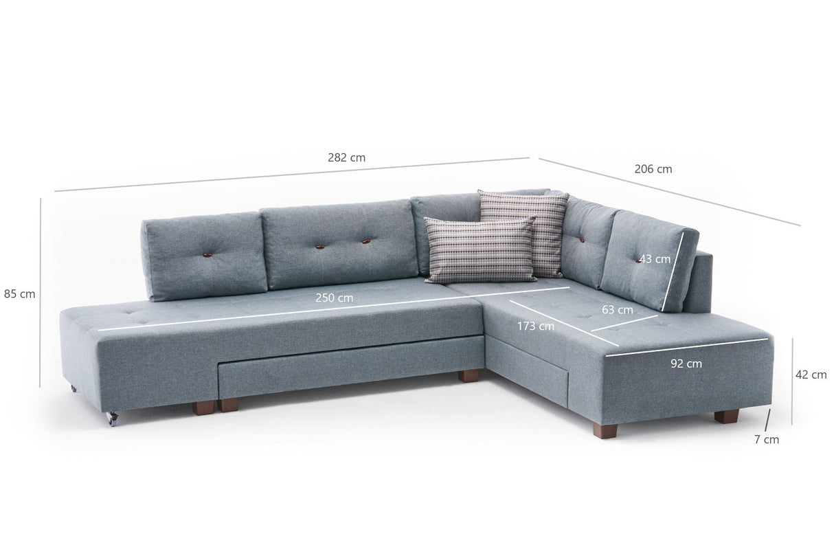Schlafsofa hellblauer Stoff – XL 280 × 206 cm – mit Rollen – Rechts – Manama