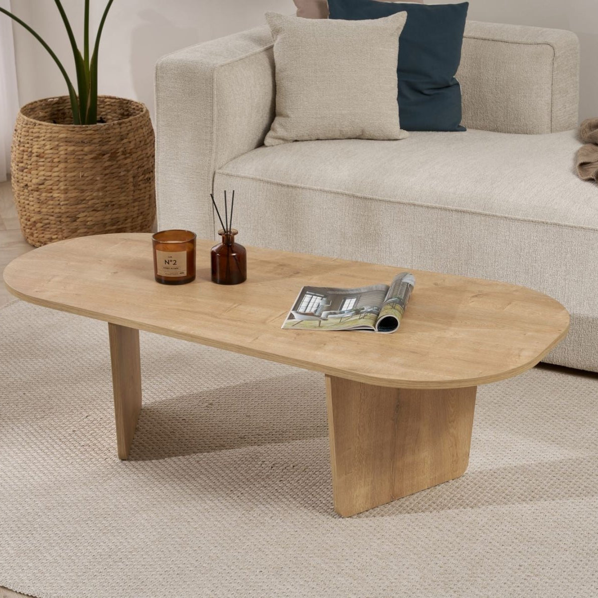 Ovaler Couchtisch länglich aus Eiche Melamin - 130 cm