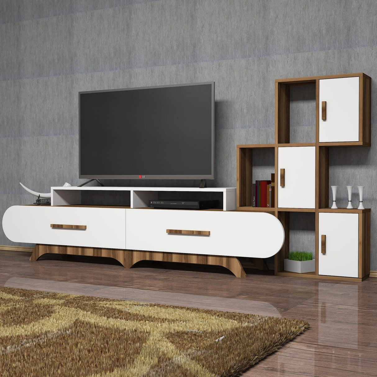 TV -Möbel Set Flora S Walnut White Melamin 205x50x36.8 cm