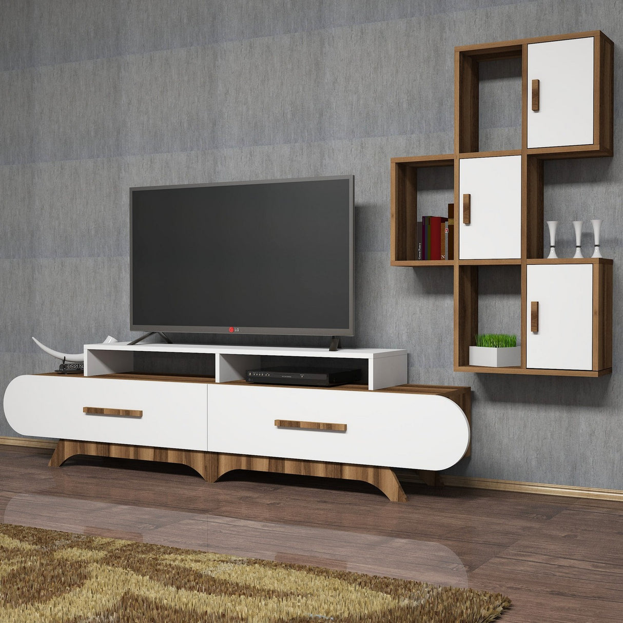 TV -Möbel Set Flora S Walnut White Melamin 205x50x36.8 cm