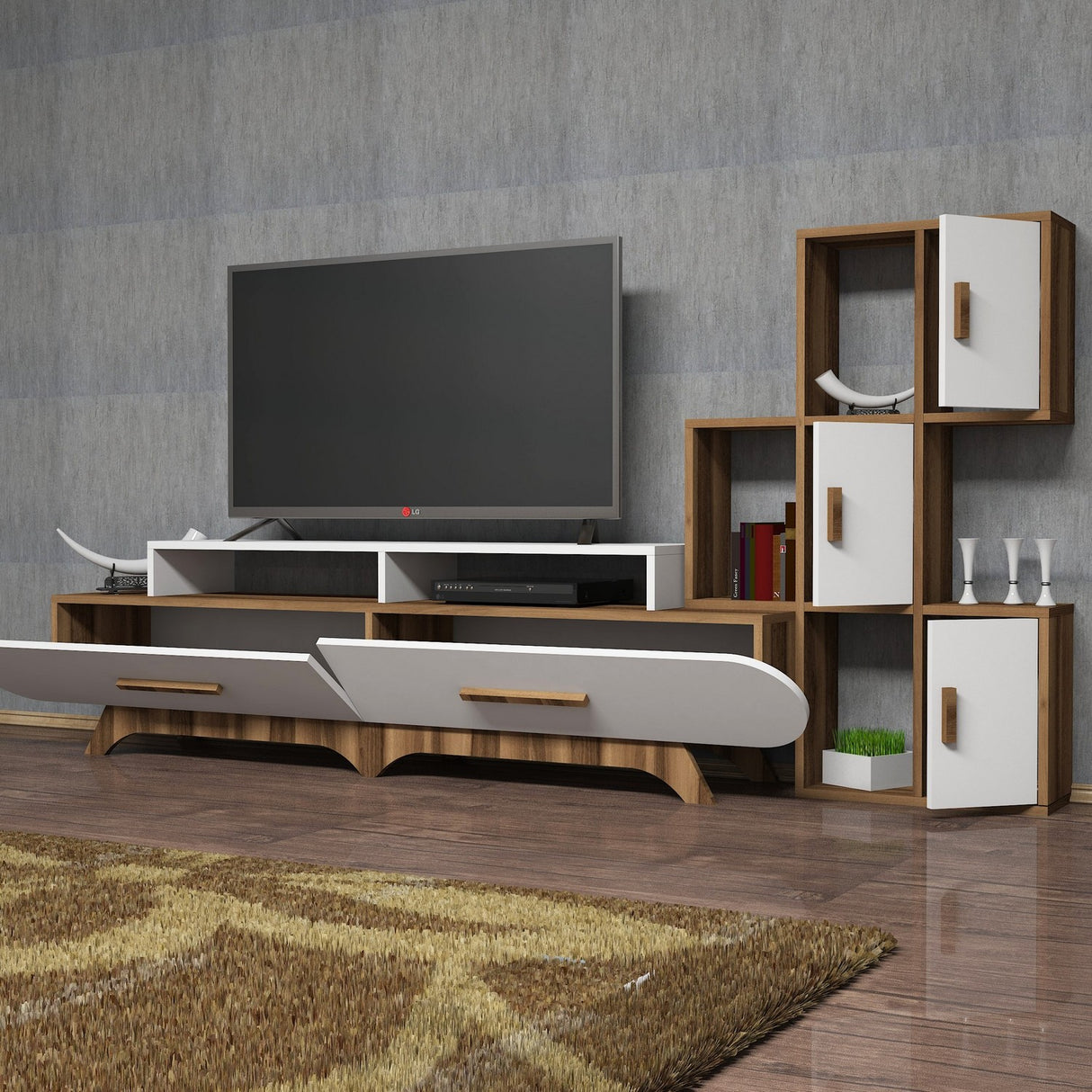 TV -Möbel Set Flora S Walnut White Melamin 205x50x36.8 cm
