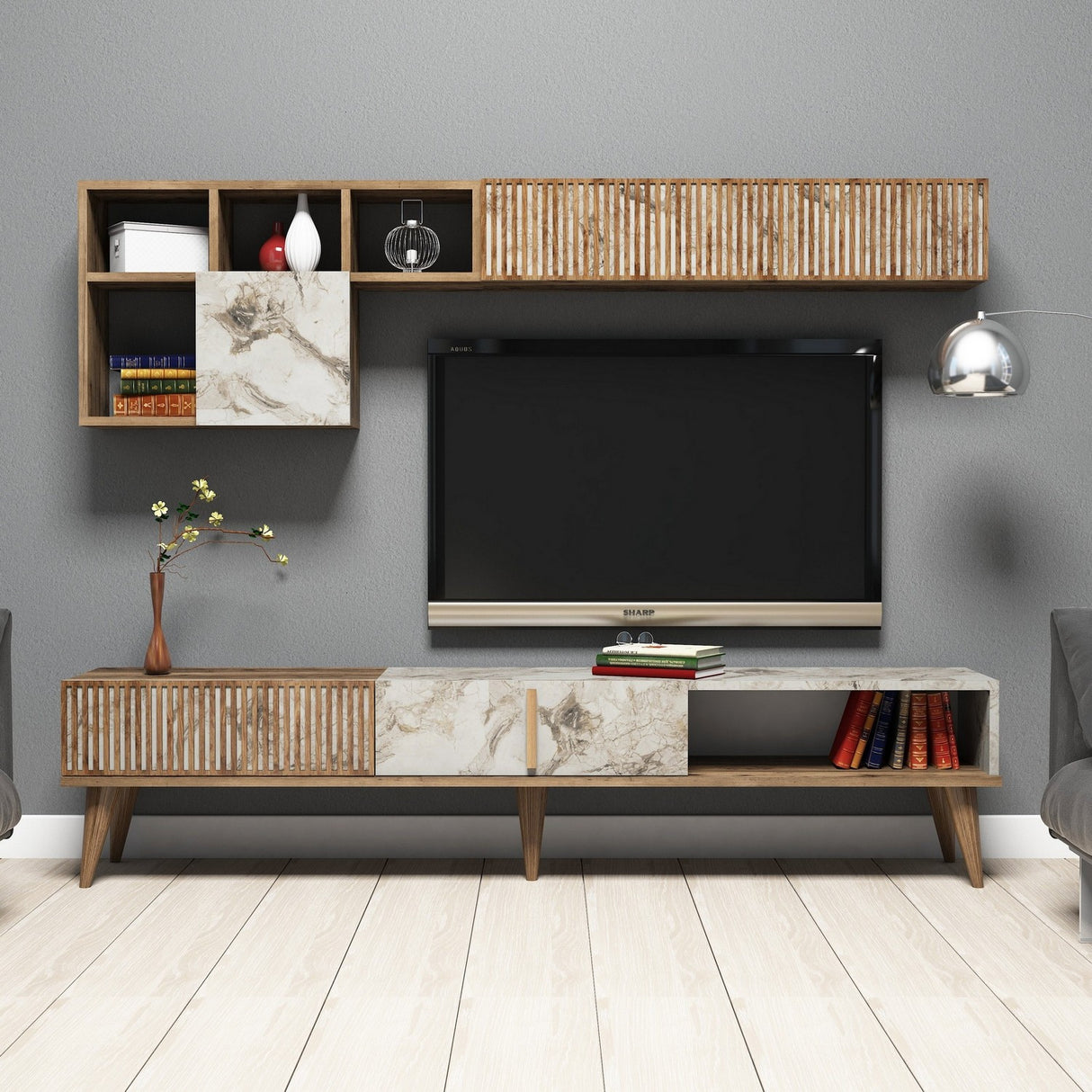 TV -Möbel Set Milan Walnut White Marmor Melamine 180x40x35 cm