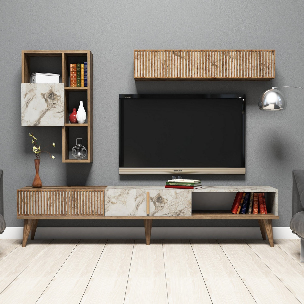TV -Möbel Set Milan Walnut White Marmor Melamine 180x40x35 cm